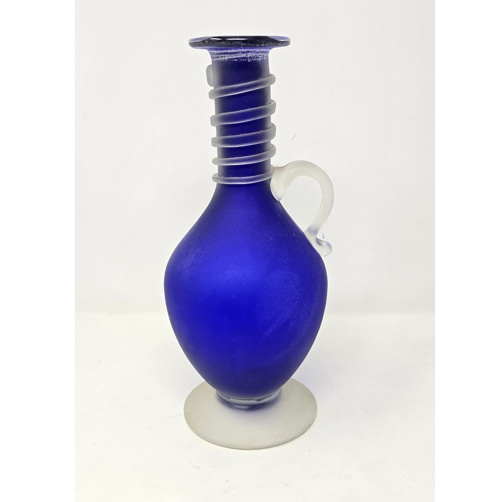 Vtg Murano Italian Scavo textured hand blown art glass cobalt blue vase pitcher